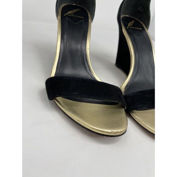 BRIAN ATWOOD Heels Womens 8 Black Suede Wedge Sandals Ankle Strap Gold Detail - Picture 11 of 11